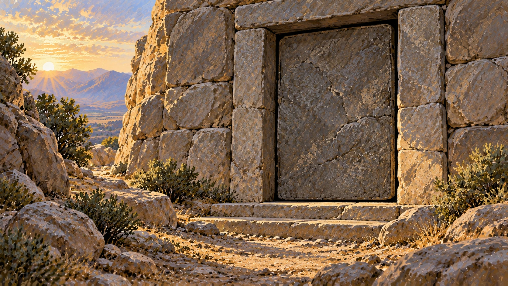 A plain closed stone door ends an empty passage.