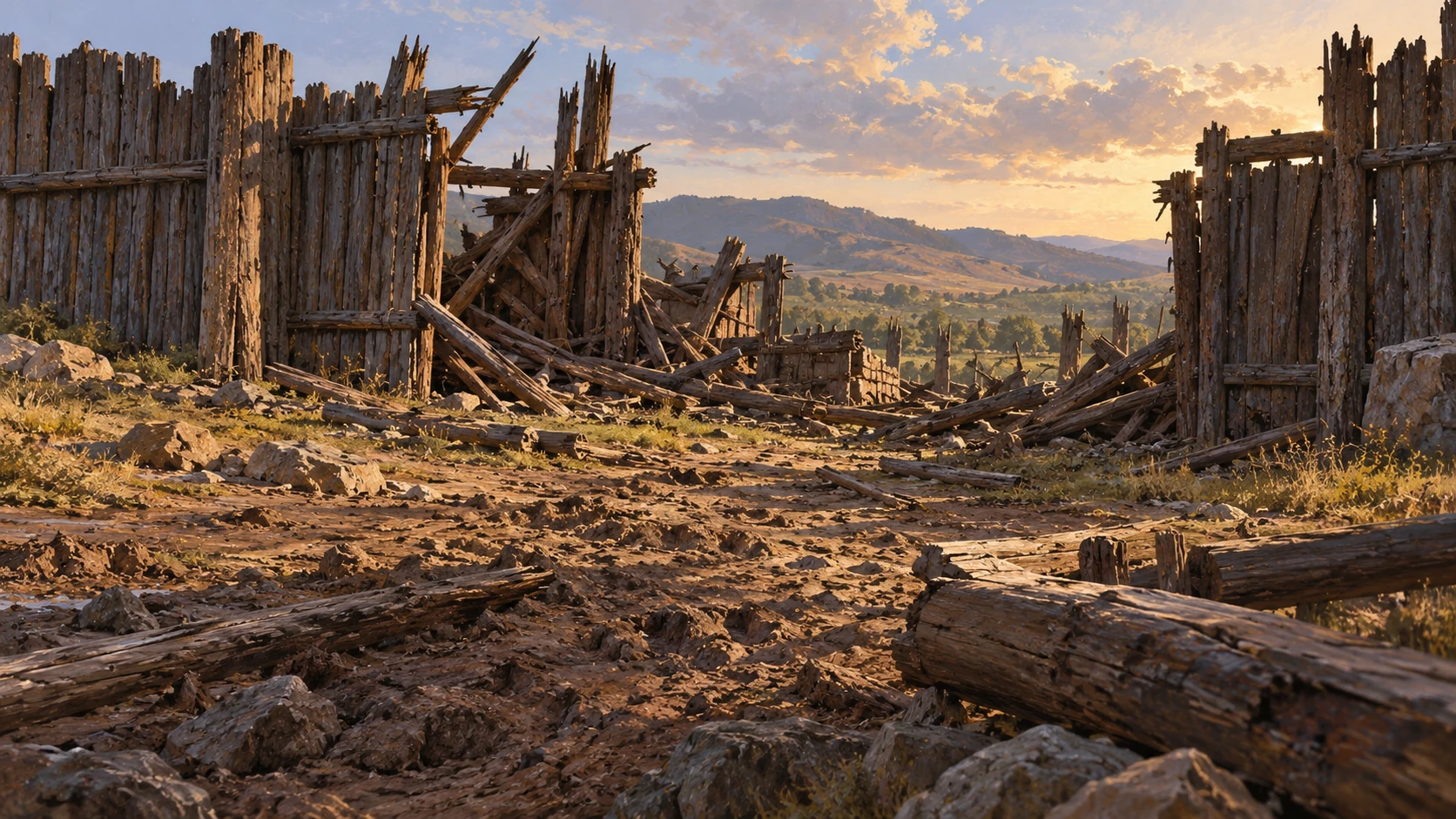 Damaged timber defenses stand above empty trampled ground.