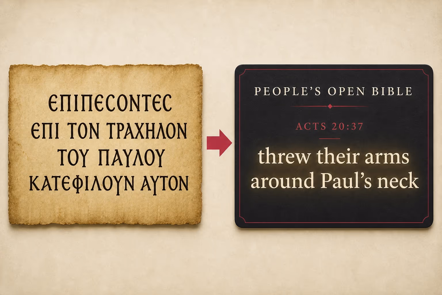 Greek source text becoming a clear People's Open Bible rendering of Acts 20:37