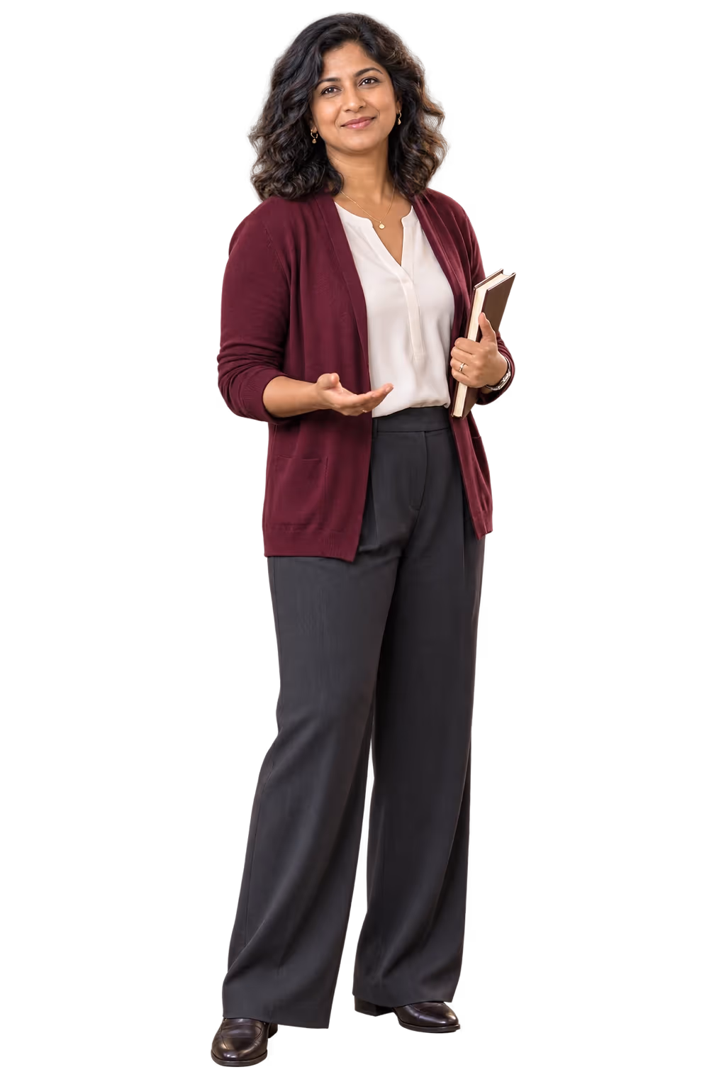 An educator standing with a notebook and an open, welcoming gesture