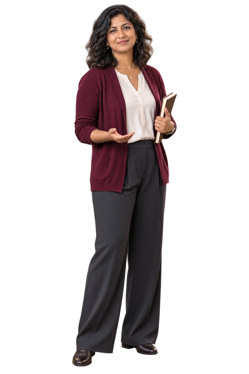 An educator standing with a notebook and an open, welcoming gesture